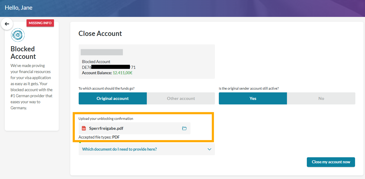 Once valid account selection is done, a Sperrfreigabe upload field appears.
