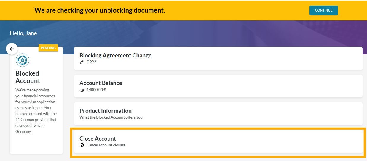Button zum Abbrechen der Kontoschließung im Bereich Blocked Account.