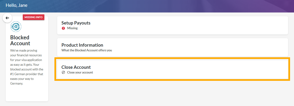 Option Close Account im Bereich Blocked Account