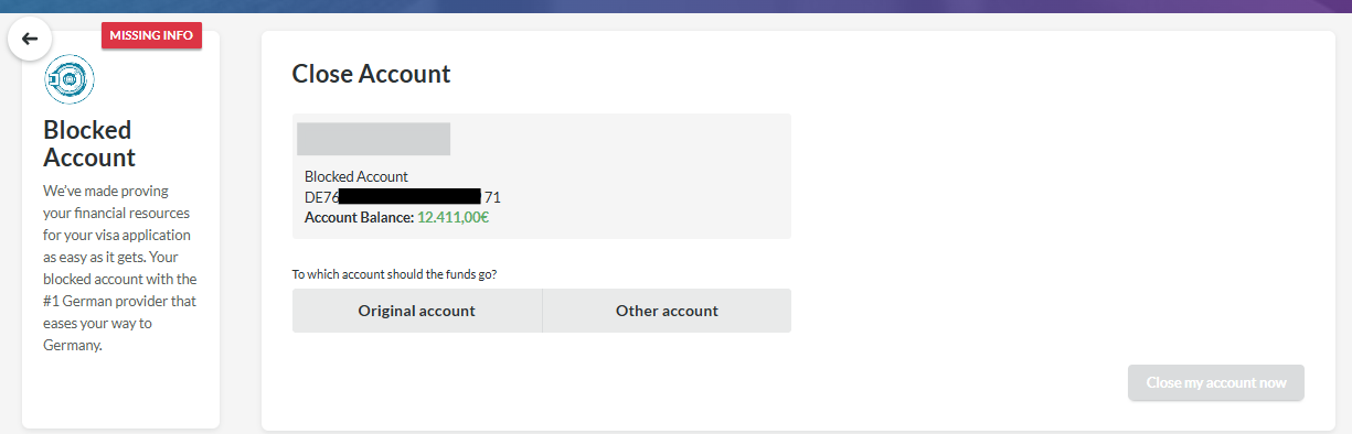 Close Account zeigt die Sperrkonto-Details und fragt nach dem Zielkonto