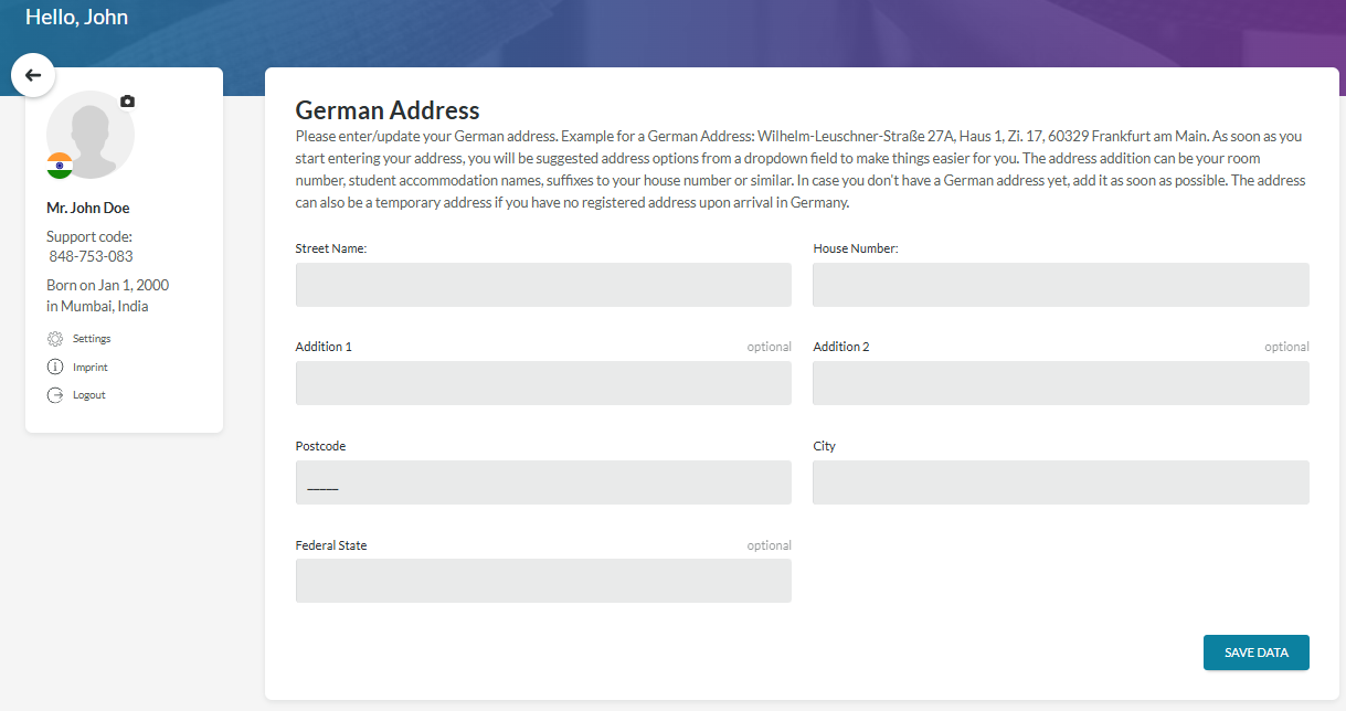 Input fields for German address
