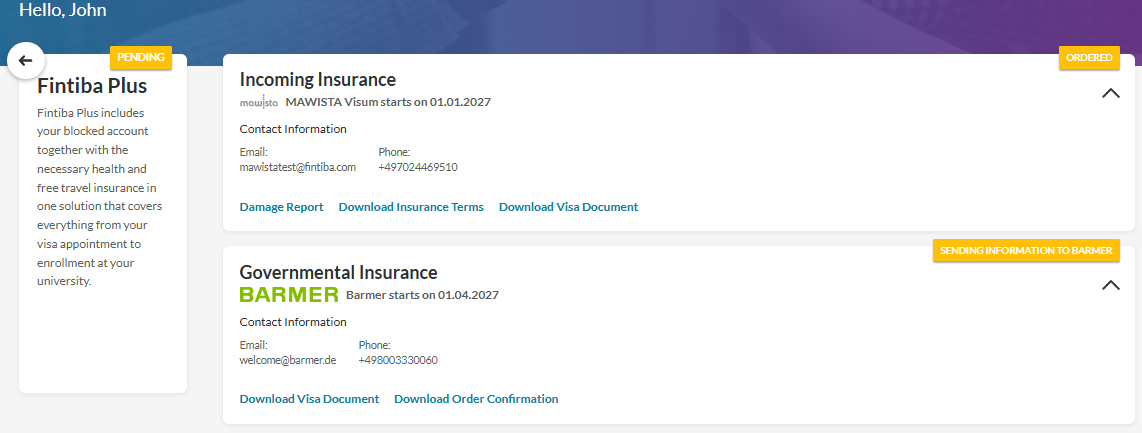 From the expand, more details for each insurance product is available, including document download, contact details and reporting option