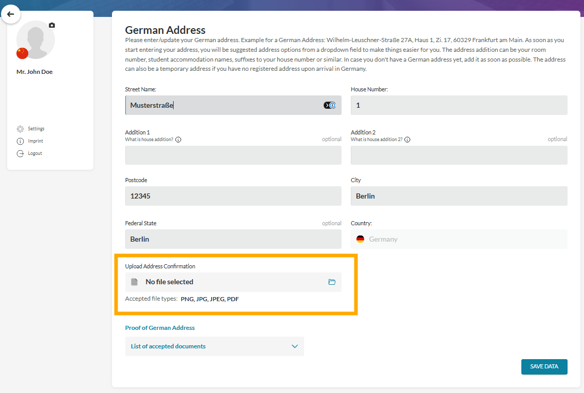 Enter your data and upload your address confirmation
